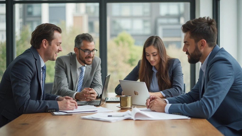 Группа профессионалов обсуждает стратегию в современном офисном пространстве с открытой планировкой