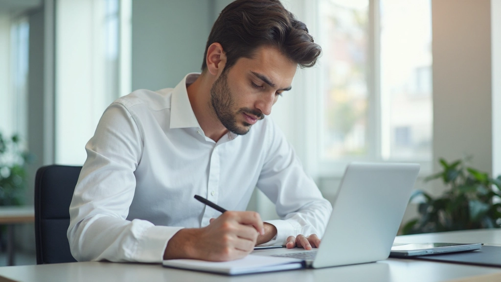 Молодой мужчина активно слушает и ведет заметки во время профессиональной консультации