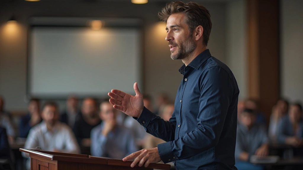 Профессиональный тренер проводит интерактивный мастер-класс по коммуникации перед заинтересованной аудиторией