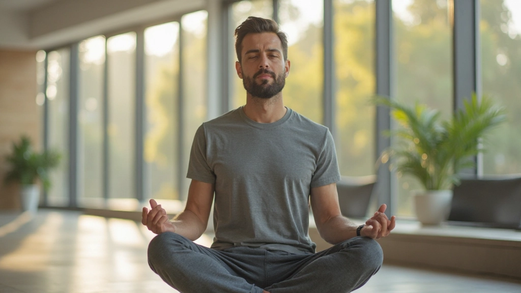 Профессионал занимается утренней йогой и медитацией в светлом офисном пространстве перед началом рабочего дня