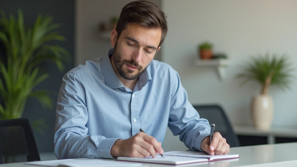 Профессиональное фото человека, планирующего расписание в ежедневнике, сосредоточенное выражение лица, рабочий стол с органайзером, естественное освещение, размытый офисный фон, БЕЗ текста, БЕЗ водяных знаков