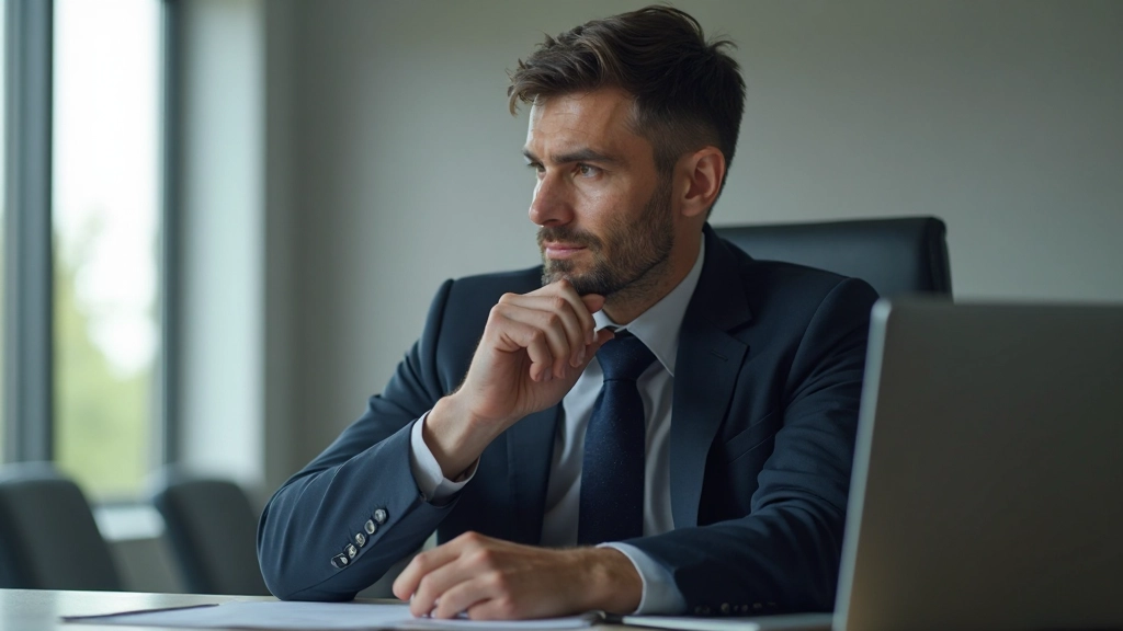 Лидер размышляет в спокойной офисной обстановке, сосредоточенный на личном развитии