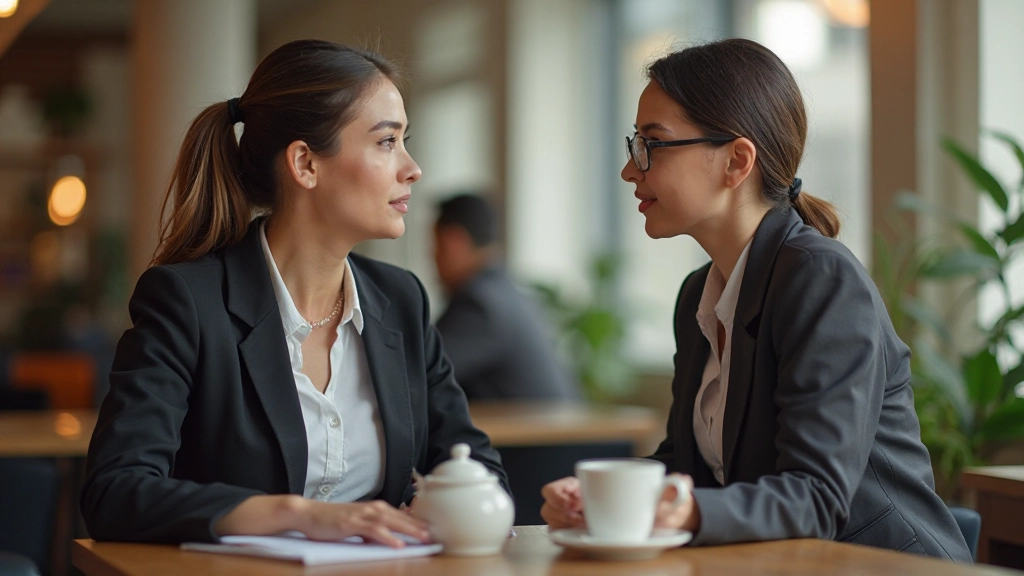 Две женщины-коллеги ведут конструктивный диалог в современном офисе с позитивным языком тела