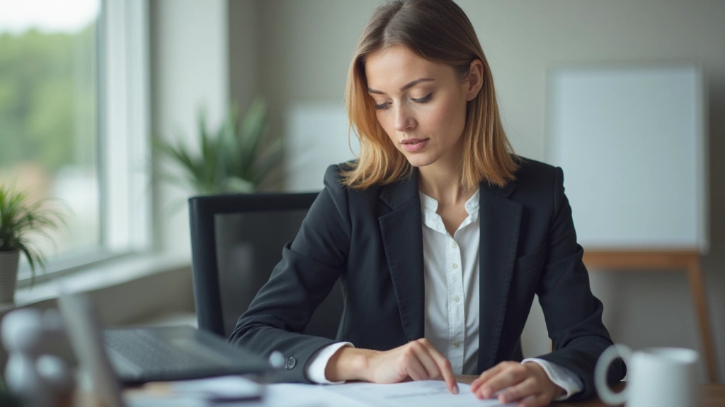 Профессиональное фото женщины в деловом костюме, сосредоточенно работающей над планированием проекта, современный офис, естественное освещение, размытый фон, БЕЗ текста, БЕЗ водяных знаков