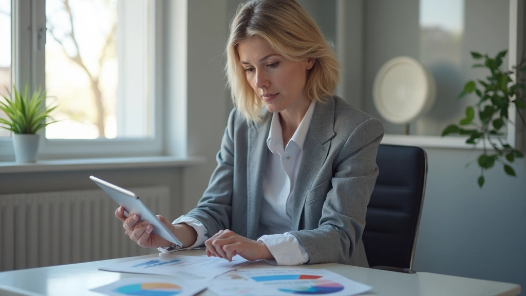 Менеджер анализирует графики производительности и результаты развития на планшете в офисе